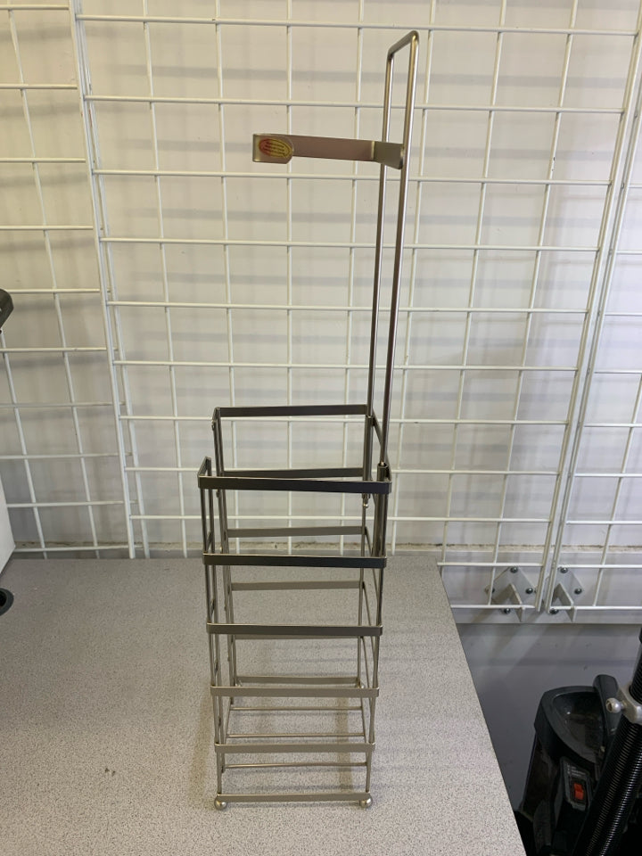 SILVER SQUARE SHAPE METAL TOILET PAPER HOLDER W/ EXTRA STORAGE.