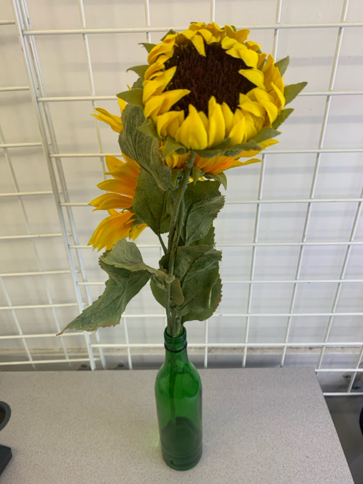 GREEN GLASS VASE W/ FAUX SUNFLOWERS.