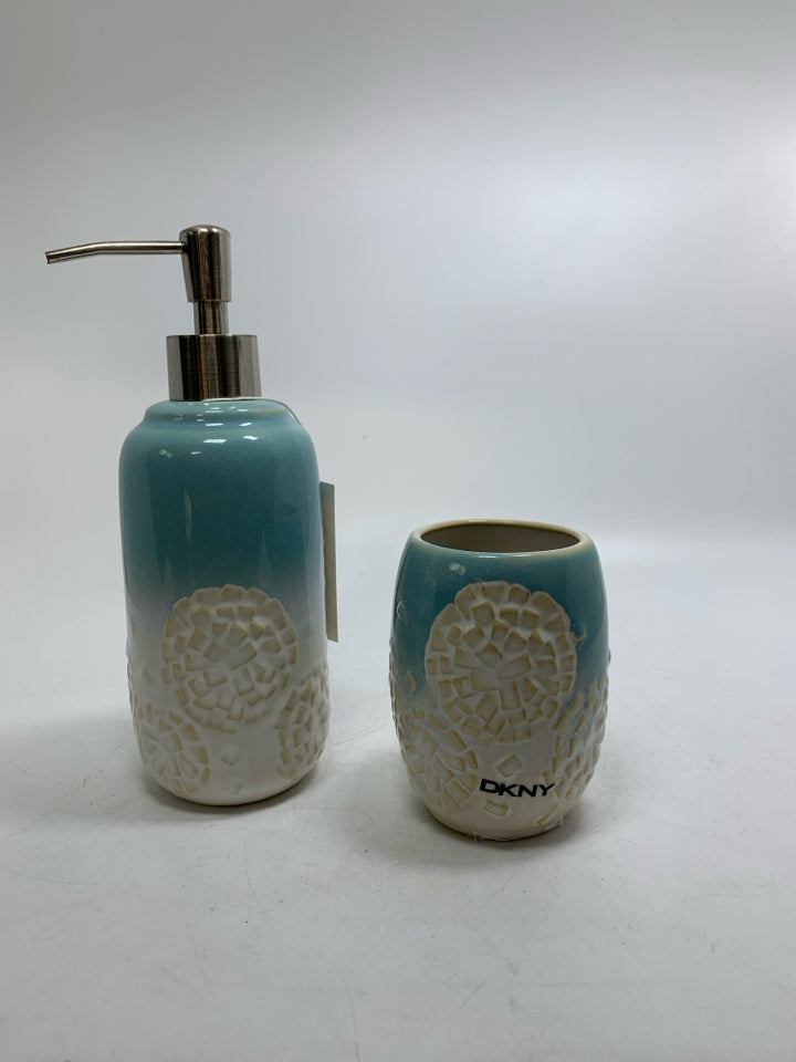 2 PC WHITE TEXTURED BOTTOM LIGHT BLUE TOP SOAP DISPENSER & TOOTHBRUSH CUP.
