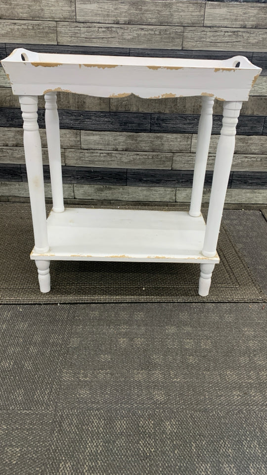 DISTRESSED WHITE TRAY-TOP END TABLE.
