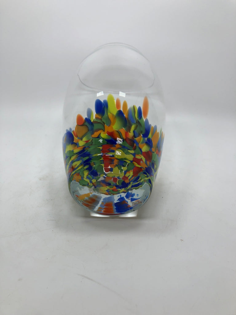 HEAVY BLOWN GLASS VASE W/COLORFUL BOTTOM.
