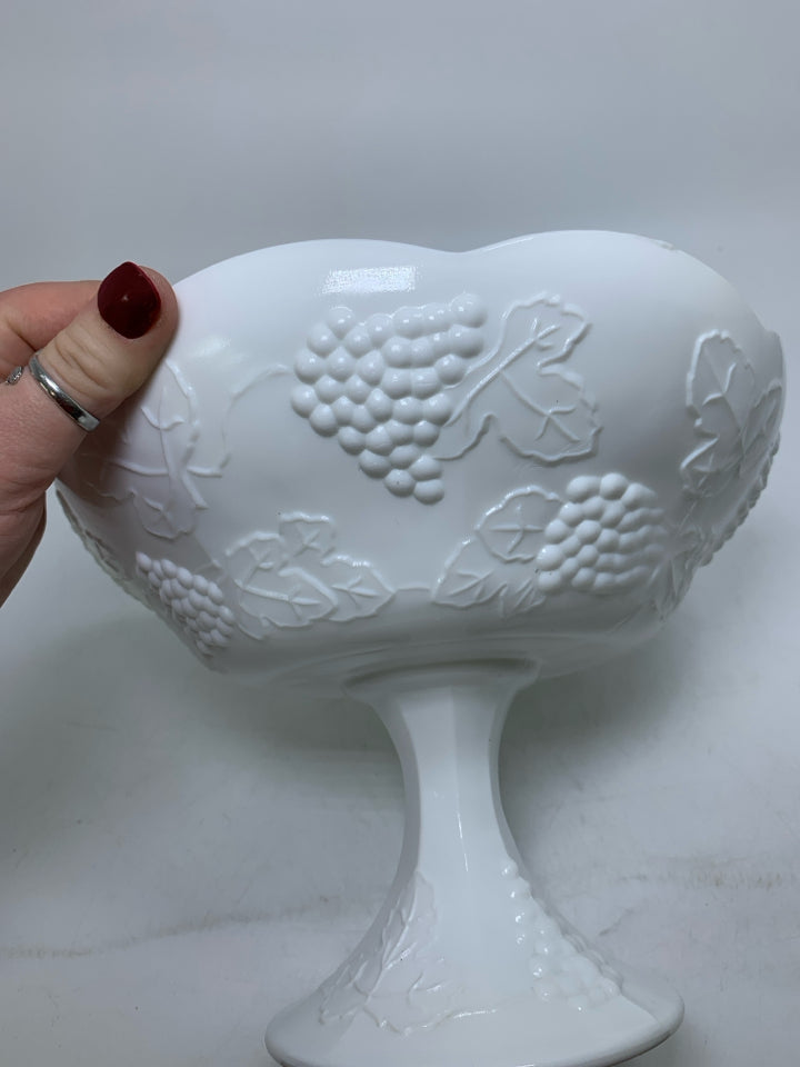 VTG MILK GLASS PEDESTAL BOWL W/ EMBOSSED GRAPE PATTERN.