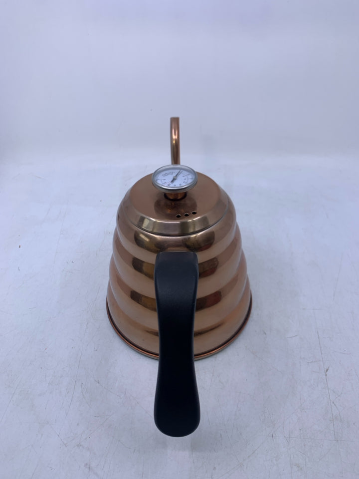 STAINLESS STEEL COPPER COLORED GOOSENECK W/ THERMOMETER BEE HIVE KETTLE.