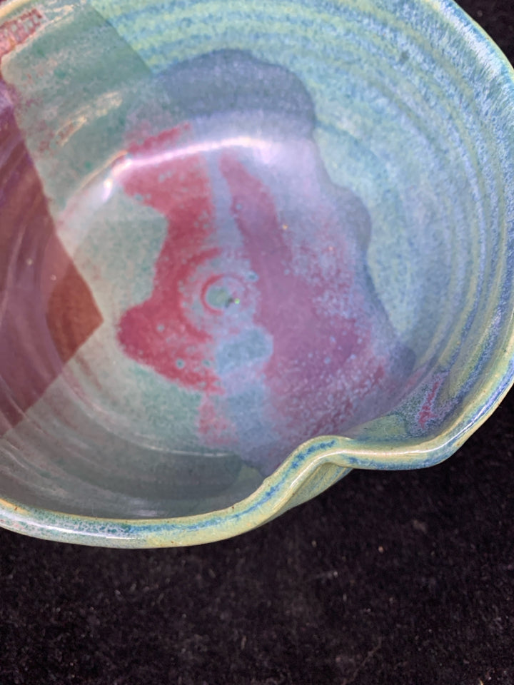 TEAL AND PURPLE POTTERY BOWL.