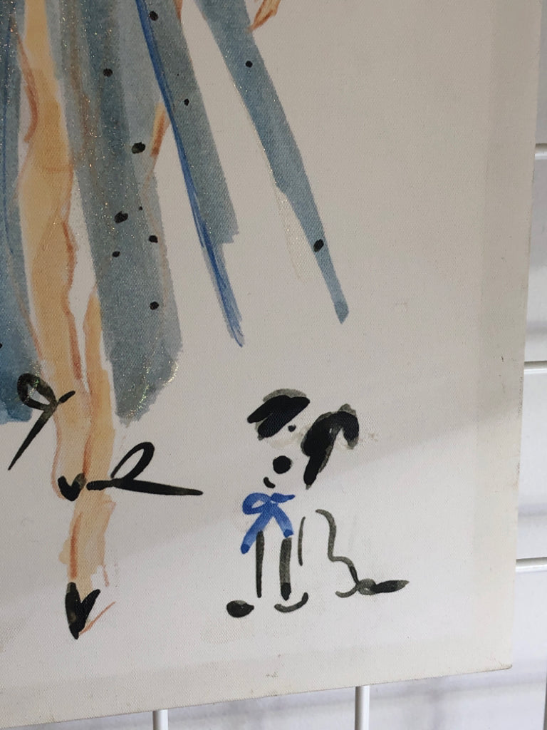 GIRL IN BLUE DRESS W DOGS.