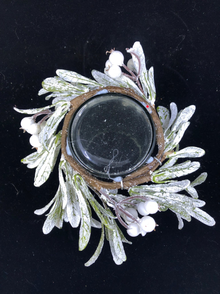 FAUX FROSTED GREEN AND BERRIES CANDLE HOLDER.