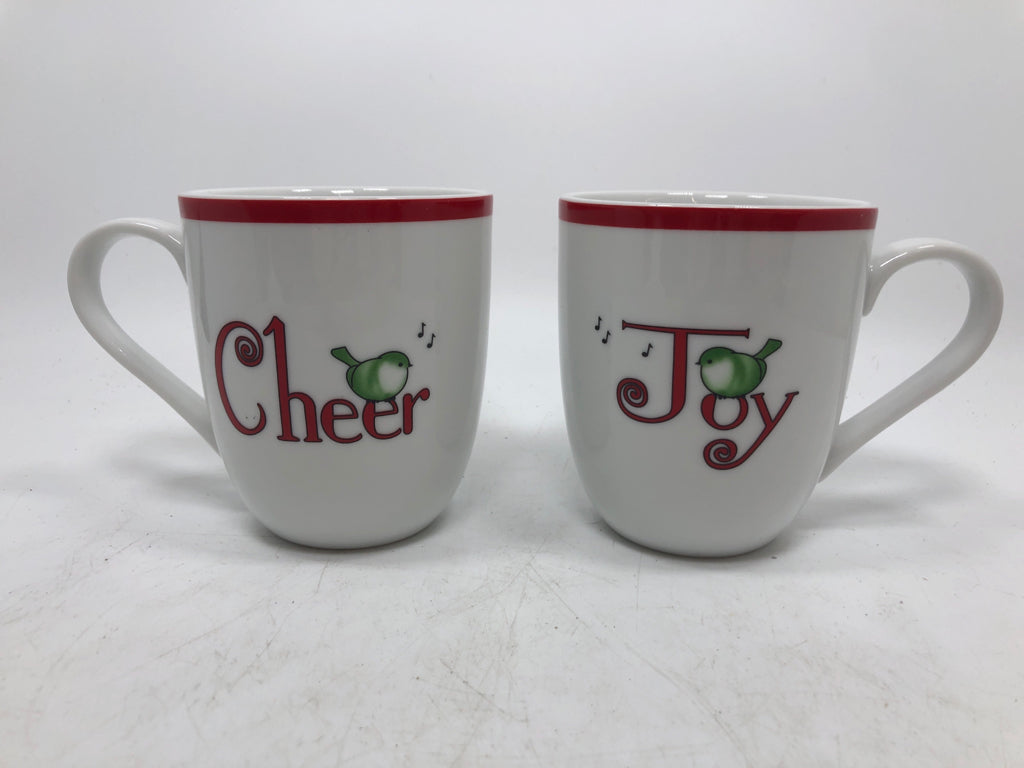 2 WHITE CHEER/JOY MUGS.