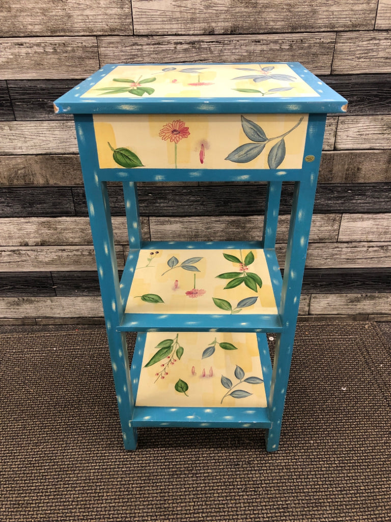 BLUE/WHITE FLORAL ONE DRAWER STAND.