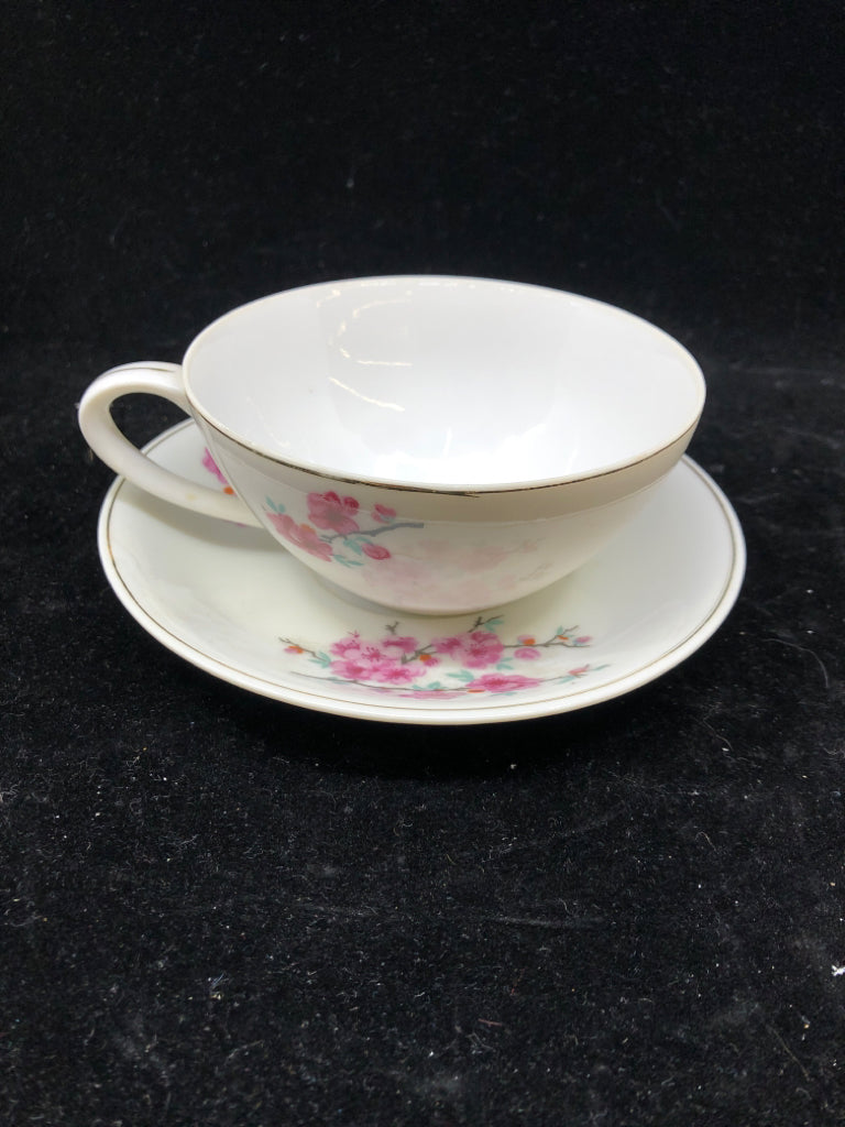 WHITE CHERRY BLOSSOM W ORANGE ACCENT TEACUP AND SAUCER.