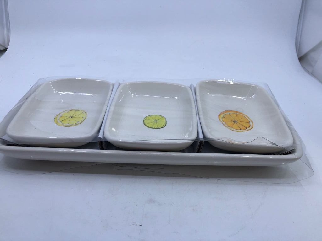 NIP WHITE SERVING TRAY WITH 3 PIECE TRAYS ORANGES AND LIME-RAE DUNN.