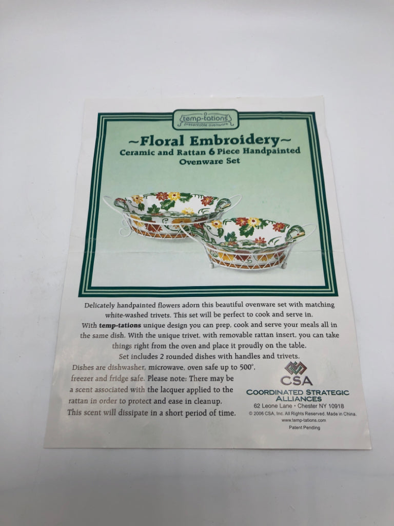 NIB 6PC TEMPTATIONS FLORAL OVENWARE SET.