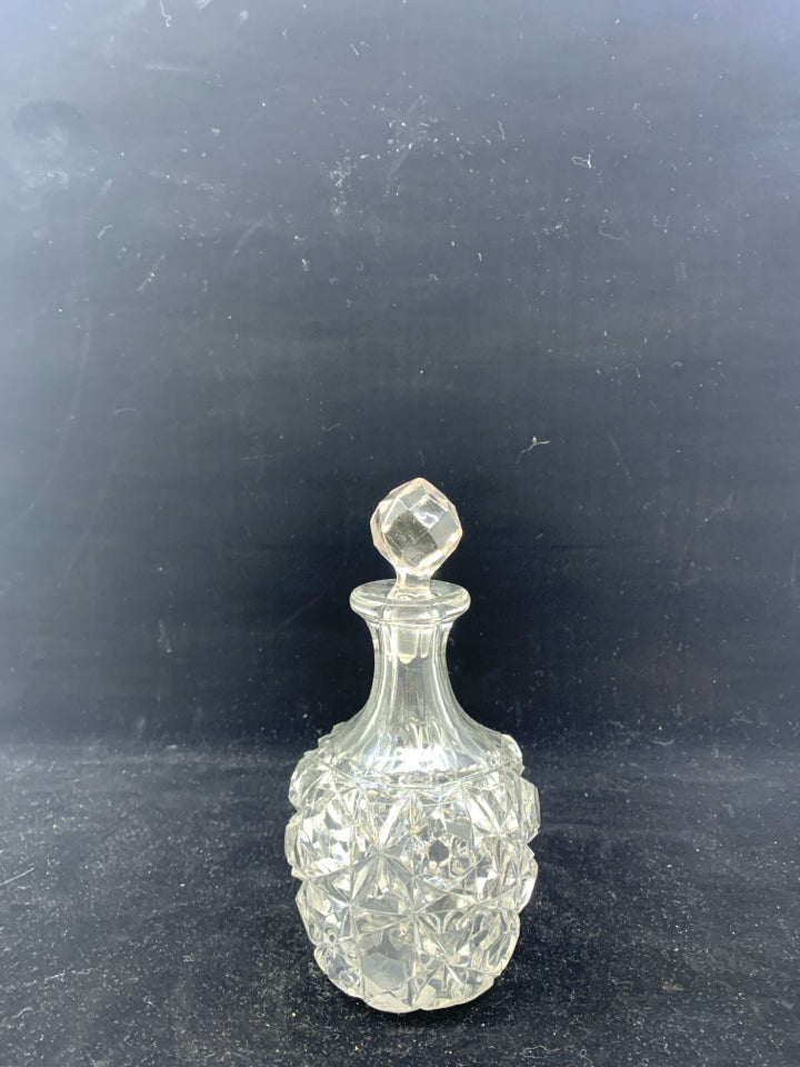 CUT GLASS DIAMOND PATTERN EMPTY OIL BOTTLE.