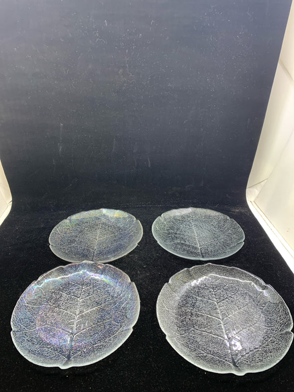 4 GLASS TEXTURED LEAF PLATES.