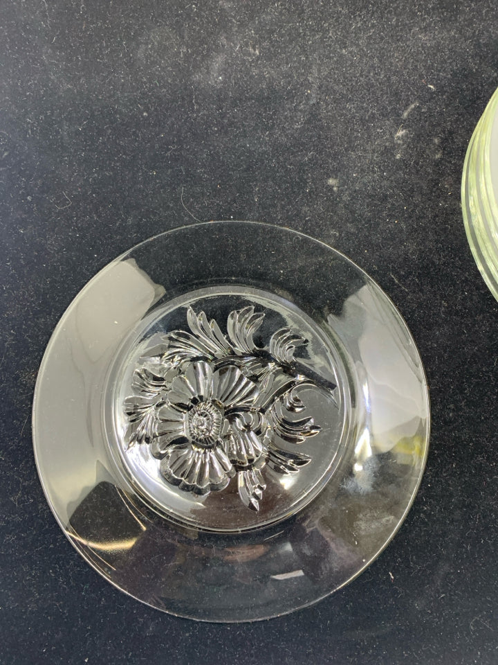 6 GLASS LUNCH PLATES W/ EMBOSSED FLOWER.