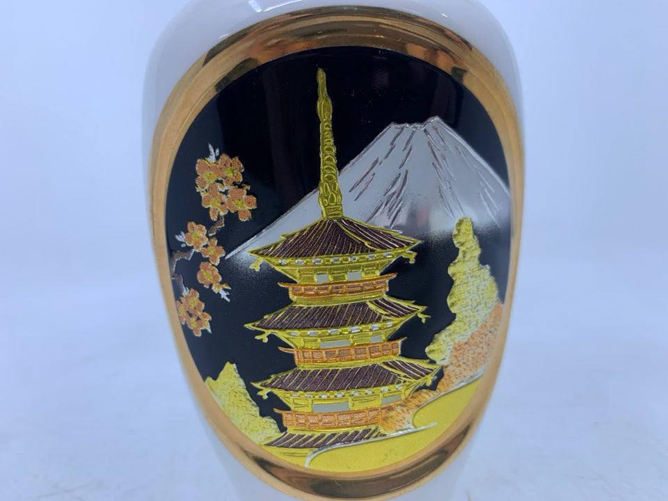 CERAMIC VASE W/ METALLIC BUILDING/ CHERRY BLOSSOMS.