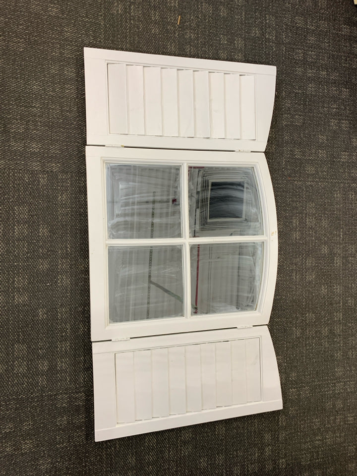WHITE WOOD FAUX WINDOW PANE MIRROR WALL ART.