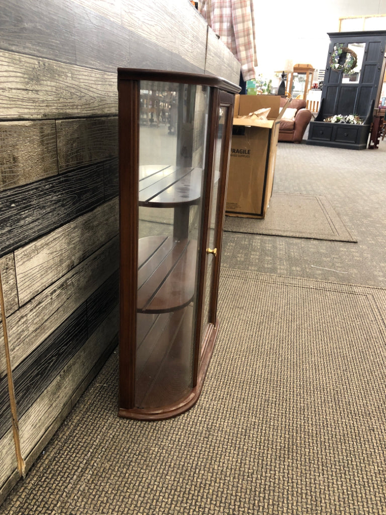 DARK CHERRY WOOD 3 SHELF WALL HANGING CURIO CABINET W GLASS DOOR.