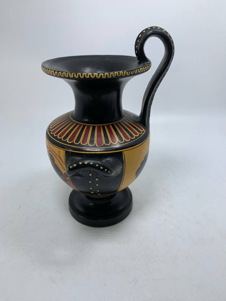 FOOTED GREEK STYLE REPRODUCTION VASE TRIPLE HANDLE.