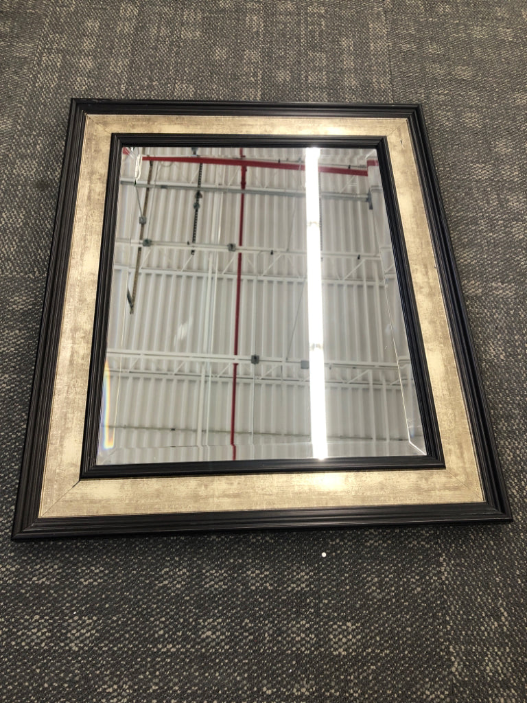 WALL MIRROR W/DISTRESSED & BLACK BORDER.