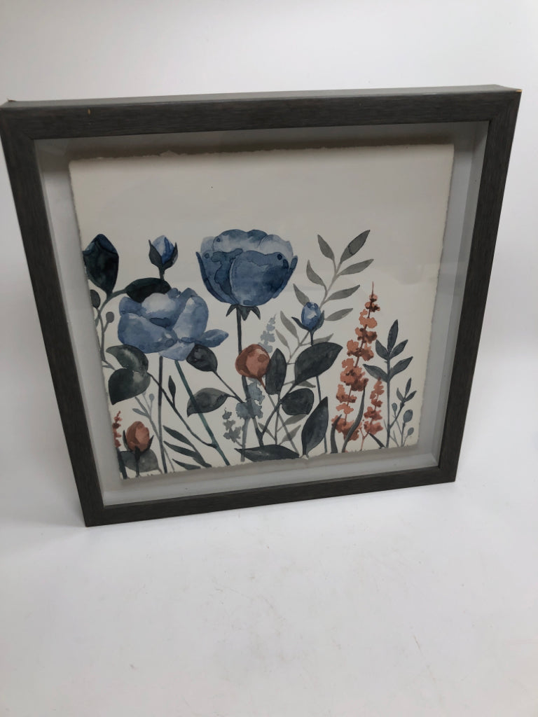 BLUE & ORANGE WATERCOLOR FLORALS IN GRAY FRAME.