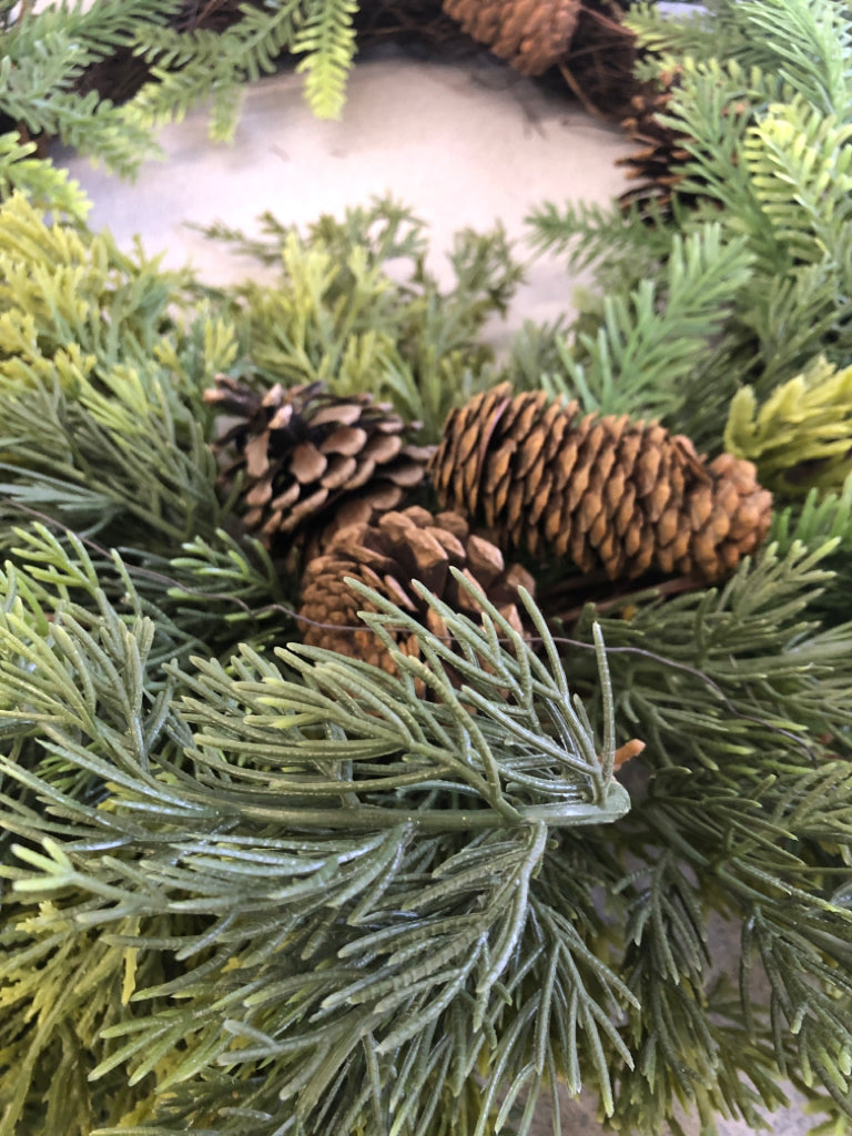 PINECONE AND FERN LEAVES WREATH.