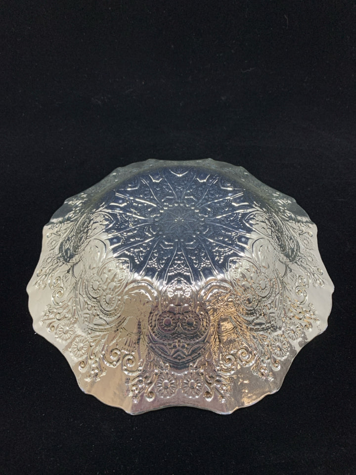 WHITE W/EMBOSSED SILVER GLASS BOWL.