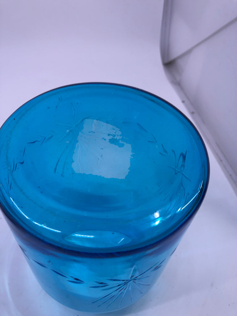 BLUE ETCHED GLASS CANISTER W METAL LID.
