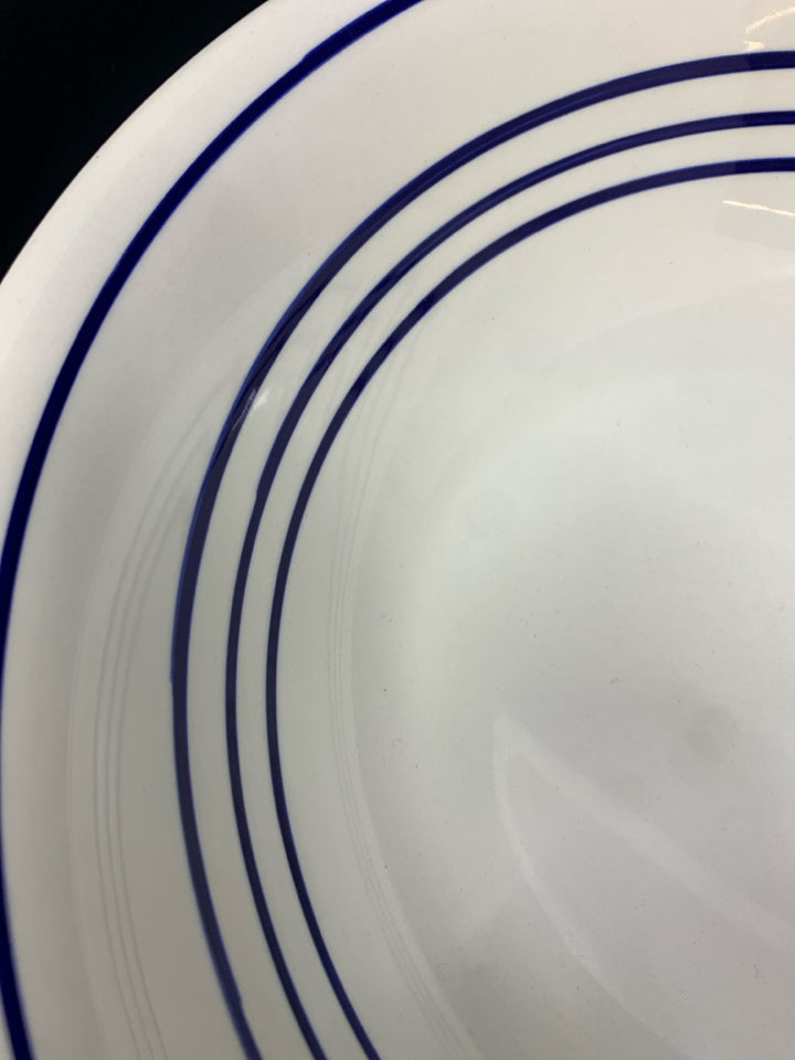 WHITE CERAMIC SERVING BOWL W/BLUE LINES.