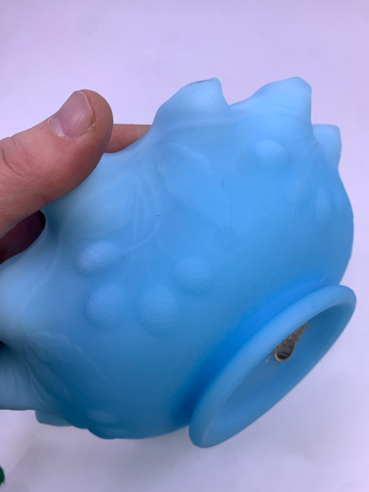 VTG FOOTED LIGHT BLUE FENTON BOWL W/ RUFFLED EDGE.