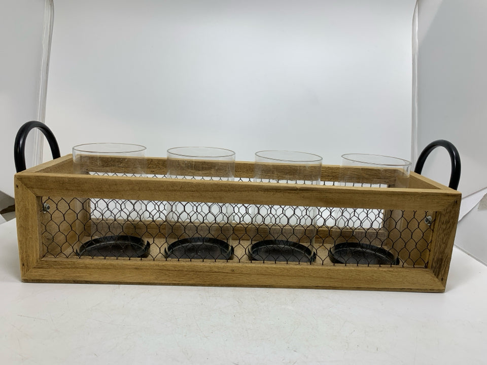 4 SLOT PILLAR CANDLE HOLDER GLASS INSERTS CHICKEN WIRE/WOOD & HANDLES.