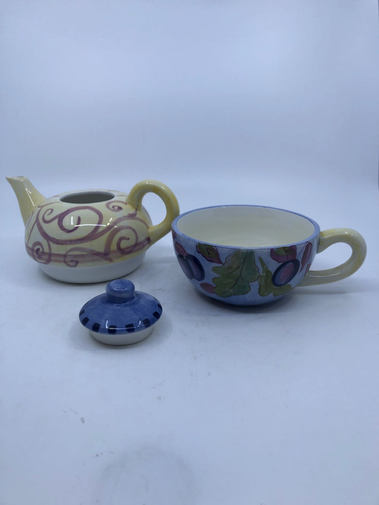 3 PC SINGLE SERVE TEA SET CREAM & BLUE.