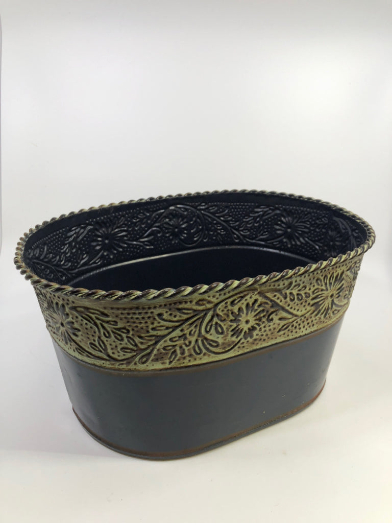 BLACK GAVANIZED BUCKET W/GREEN FLORAL TRIM.