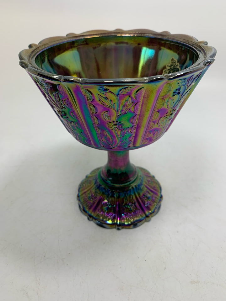 VTG FOOTED CARNIVAL GLASS COMPOTE PANELED DAISIES CANDY DISH W/ LID.