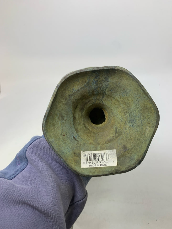 DISTRESSED FOOTED GREEN METAL VASE.