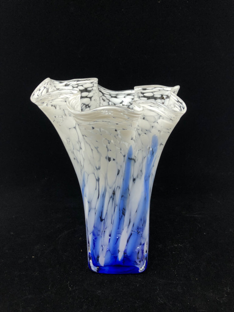 BLUE & WHITE BLOWN GLASS SPECKLED VASE W/CURVED TOP.