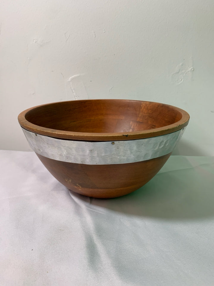 WOOD BOWL W/ METAL BAND AROUND.