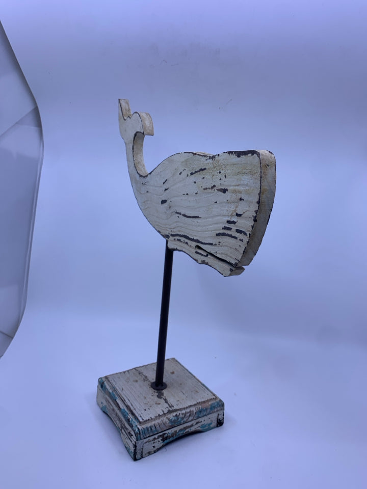 WHITE DISTRESSED WOOD WHALE ON WOOD/METAL STAND.