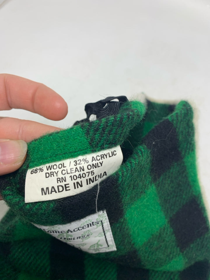 VTG WOOL GREEN PLAID STOCKING W/ STANDING MOOSE .