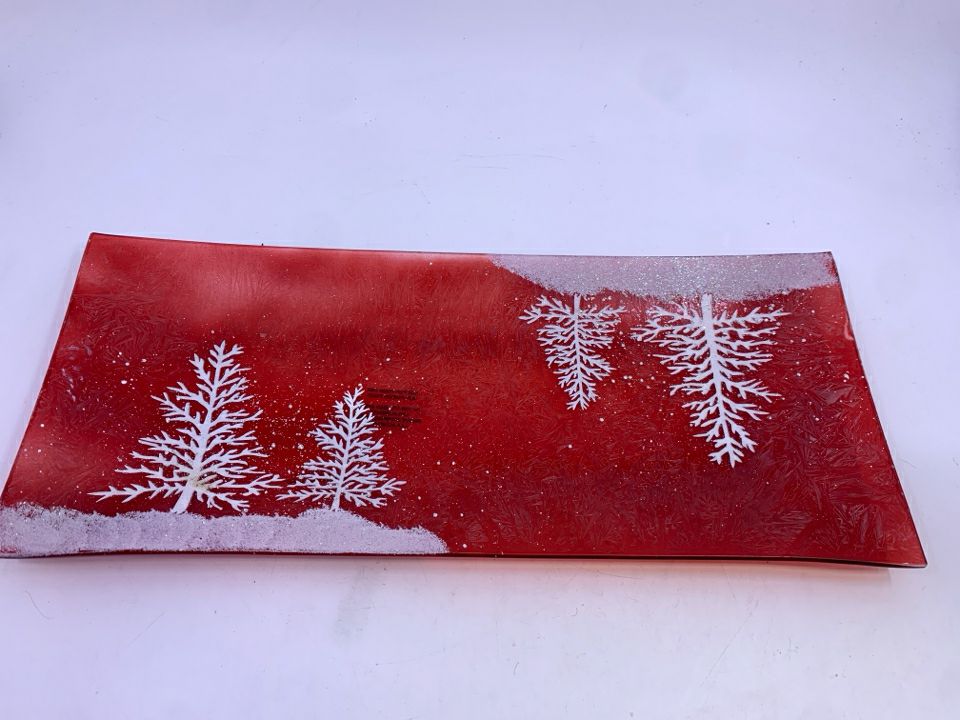RECTANGLE RED GLASS WHITE GLITTER TREES PLATTER.