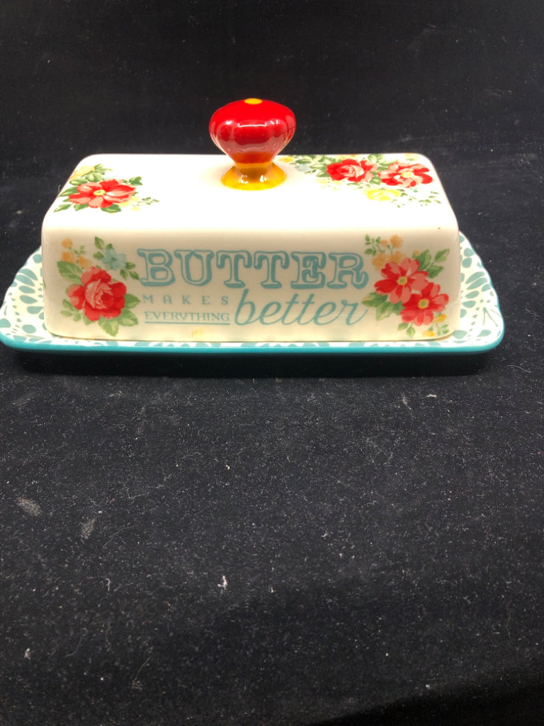 CERAMIC BUTTER DISH W/RED ROSES.