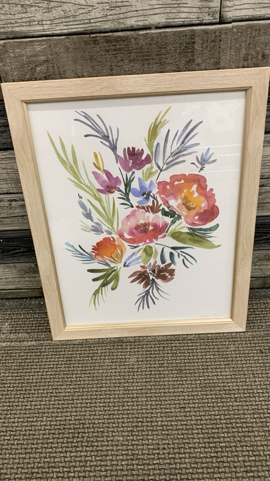 WATERCOLOR FLOWERS IN WOOD GRAIN FRAME.