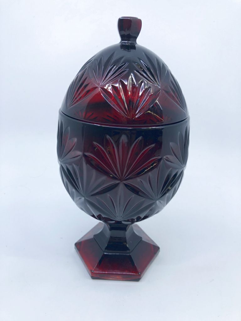 RED FOOTED EGG SHAPED CANISTER HARD CUT GLASS.