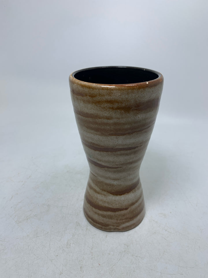 DARK BROWN/TAN STRIPED POTTERY VASE.