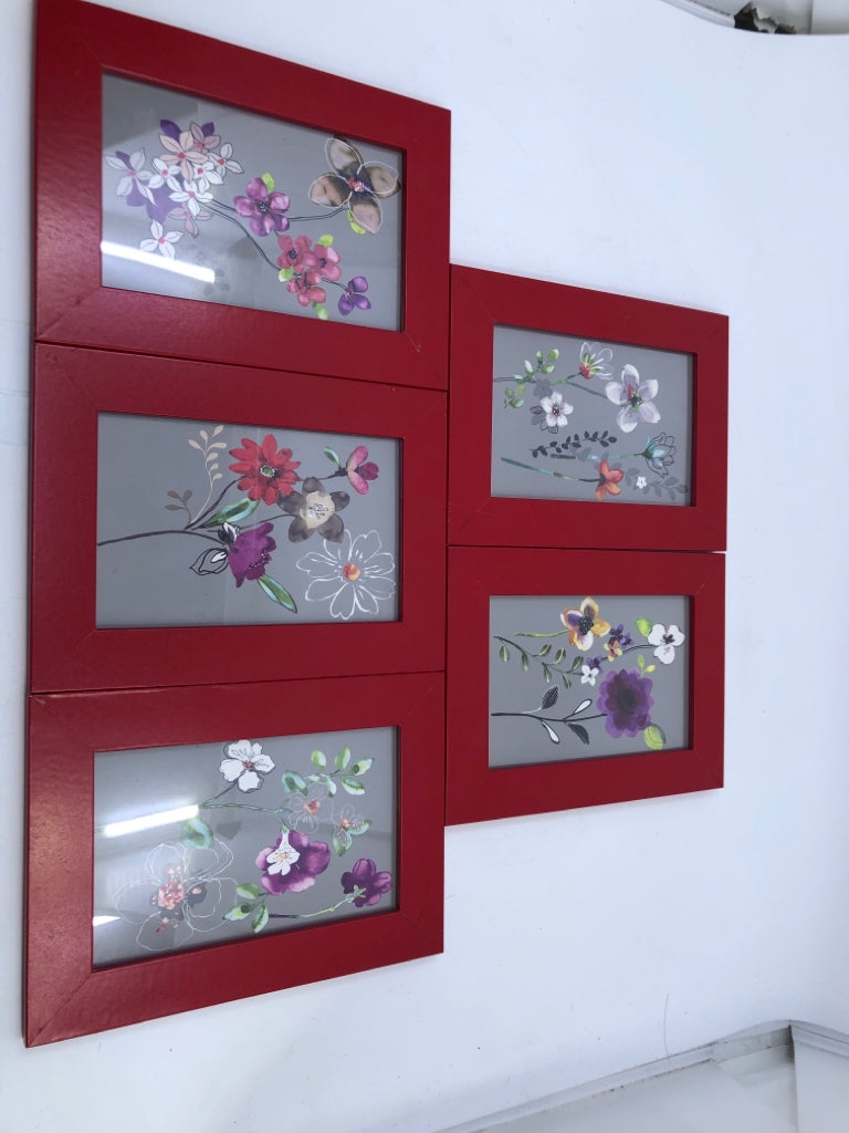 5 PC SMALL ASSORTED COLORFUL FLOWERS RED FRAMES.
