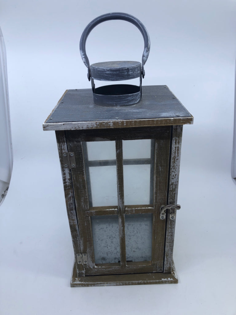 WOOD DISTRESSED LANTERN W/ GREY METAL TOP.