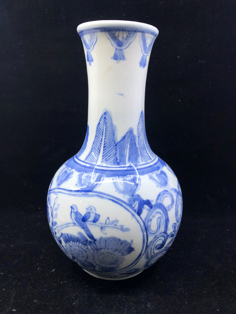 BLUE & WHITE CERAMIC VASE W/LONG NECK.