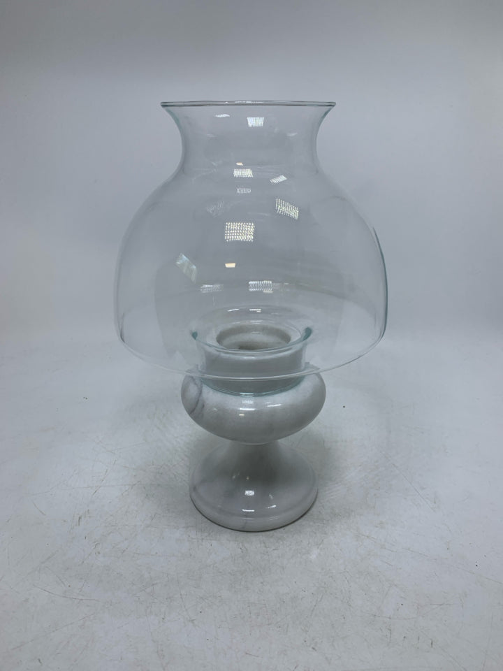 WHITE MARBLE BASE W/ GLASS SHADE TAPERED CANDLE HOLDER.