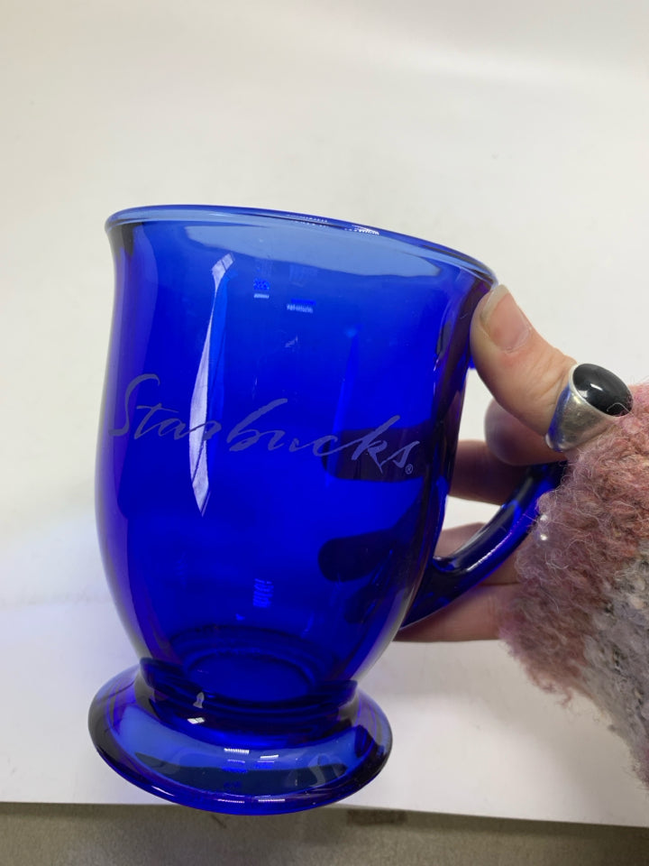 VTG ETCHED STARBUCKS COBALT BLUE FOOTED GLASS MUG.