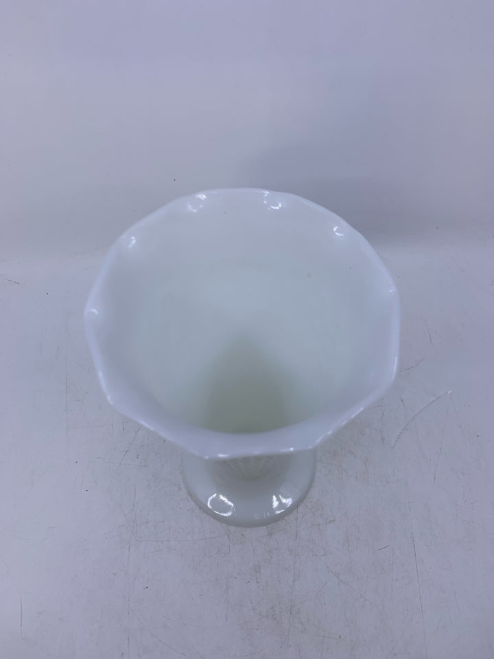 FOOTED HOBNAIL MILK GLASS VASE W/ RUFFLED EDGE.
