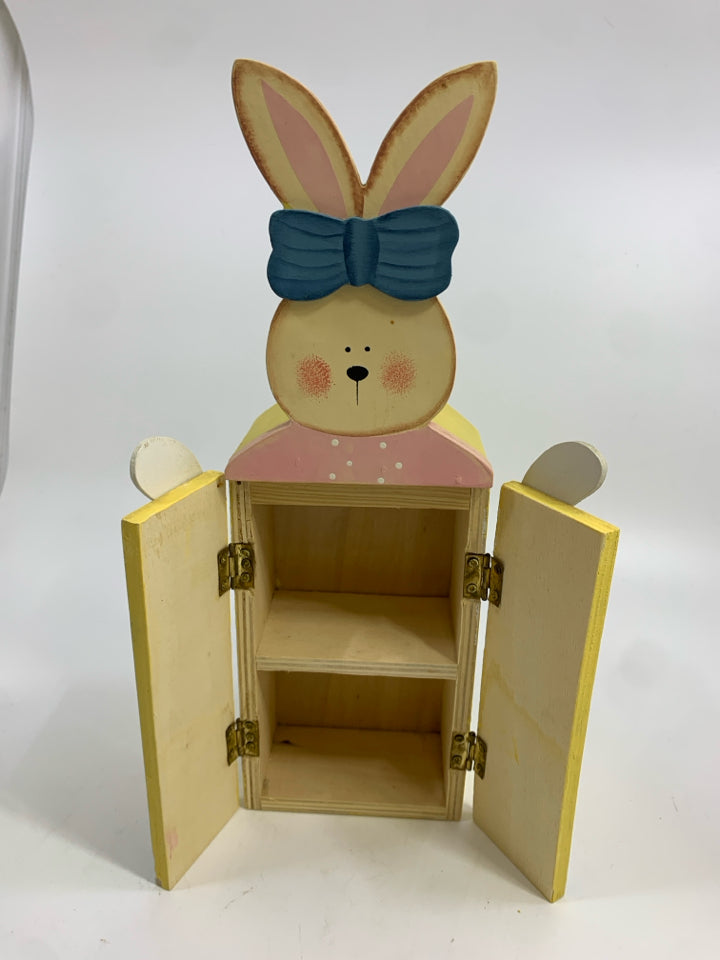 YELLOW PAINTED WOODEN BUNNY TOY CLOSET.